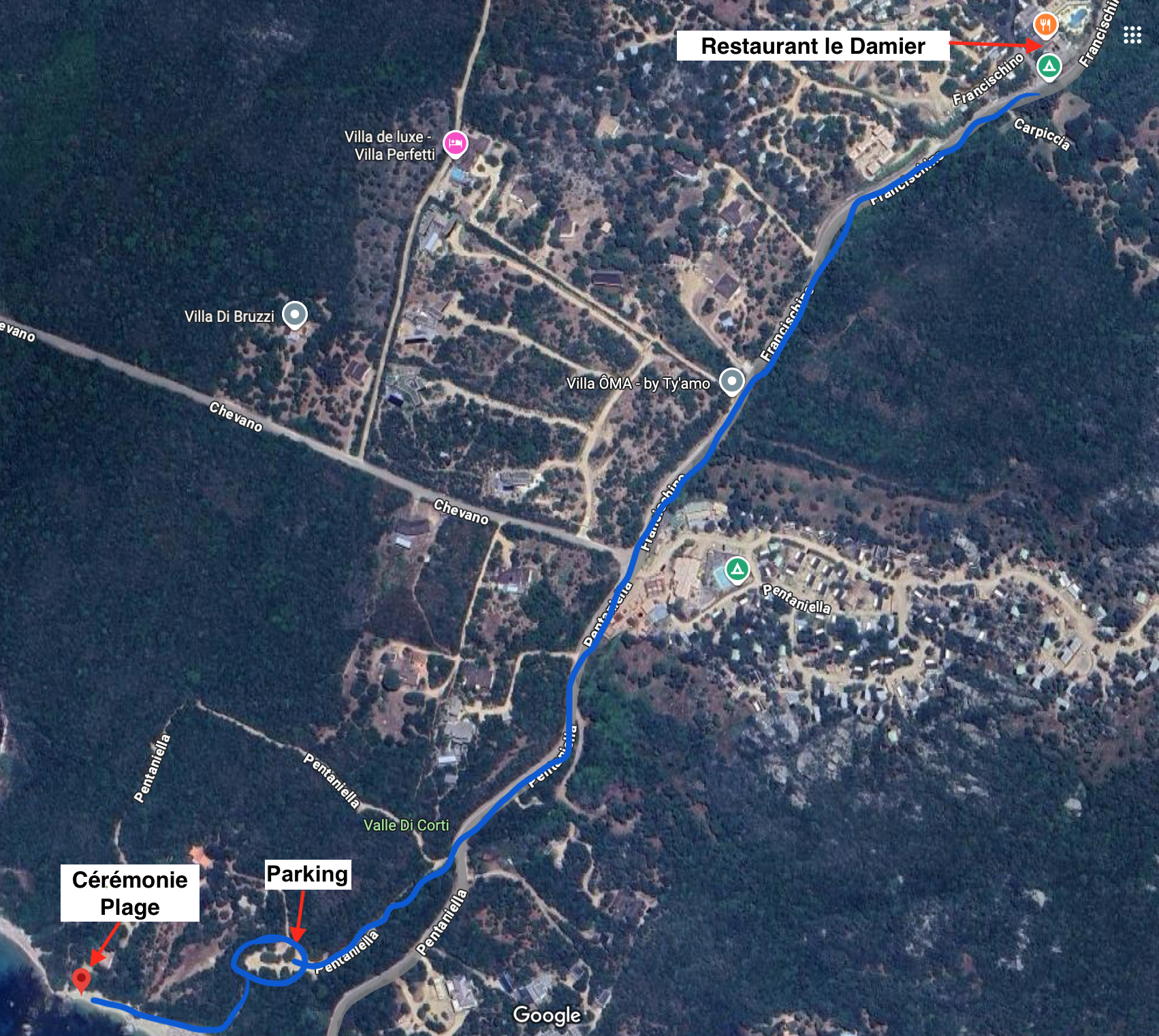 Itinéraire vers la plage depuis le restaurant